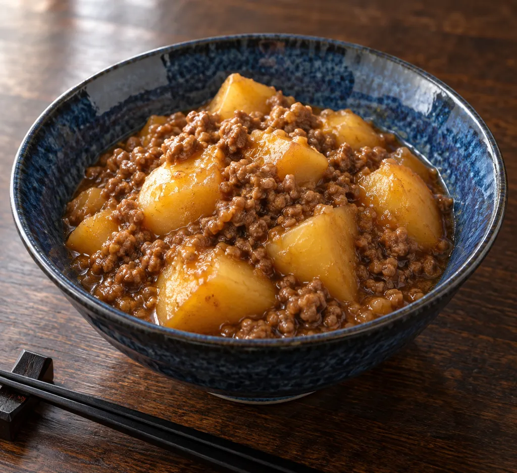 合いびき肉とじゃがいもの味噌煮込みの完成イメージ