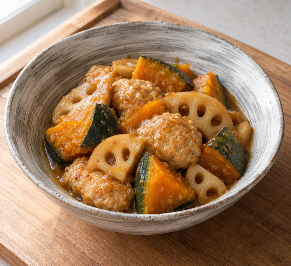 鶏ひき肉とかぼちゃのれんこん入り味噌煮の完成イメージ