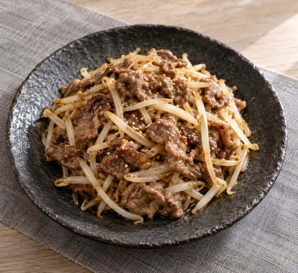 牛薄切り肉ともやしの香ばしごま炒めの完成イメージ