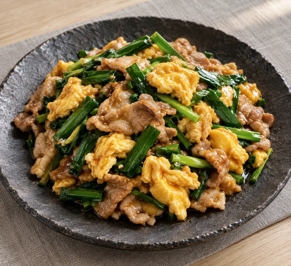 時短豚こま肉とニラの卵炒めの完成イメージ