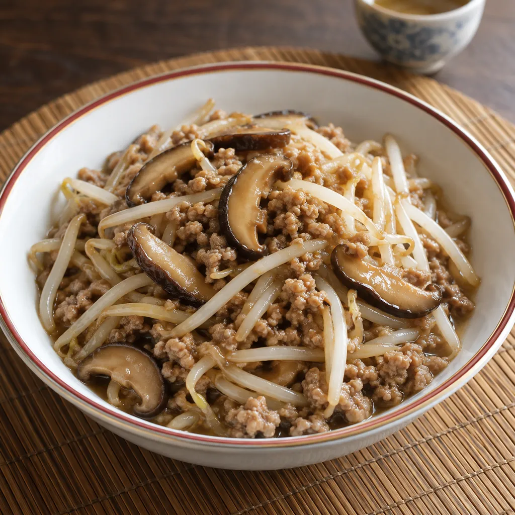 豚ひき肉としいたけのもやし中華炒めの完成イメージ