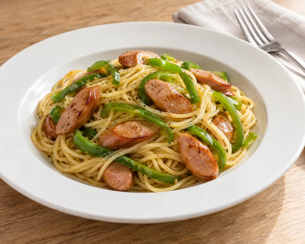 ウインナーとピーマンのペペロン風パスタの完成イメージ