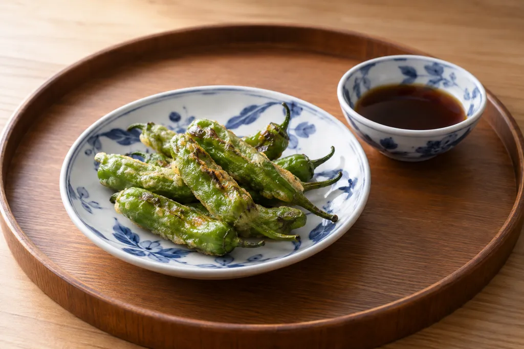 ししとうの薄衣揚げ焼き 酢醤油添えの完成イメージ