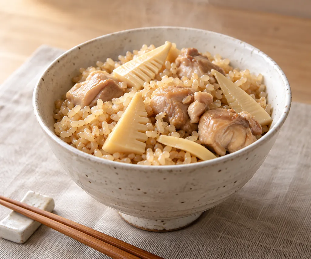 鶏もも肉とたけのこの玄米炊き込みごはんの完成イメージ