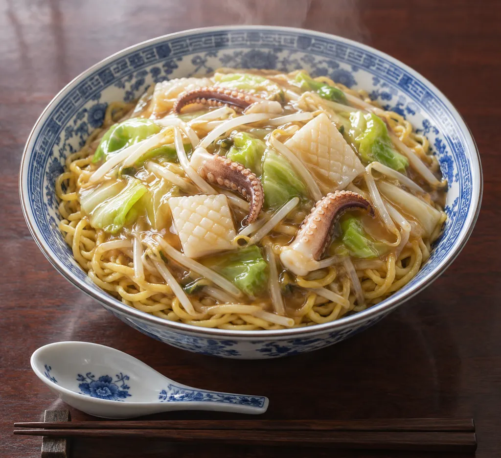 いかともやしの中華あんかけ麺の完成イメージ