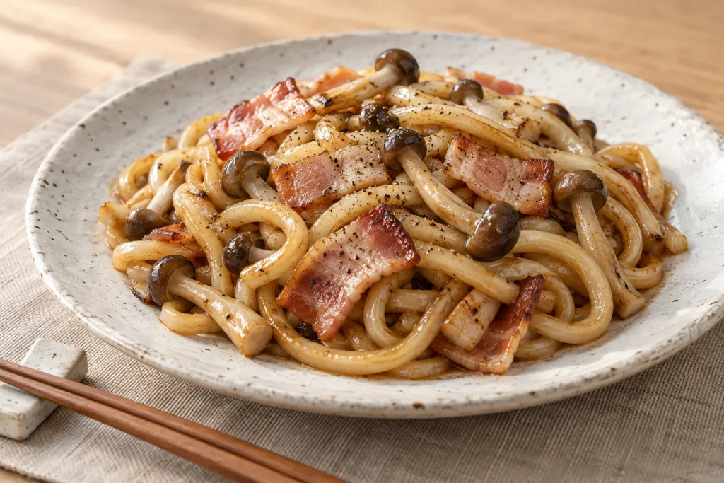 ベーコンとしめじの焼きうどんの完成イメージ