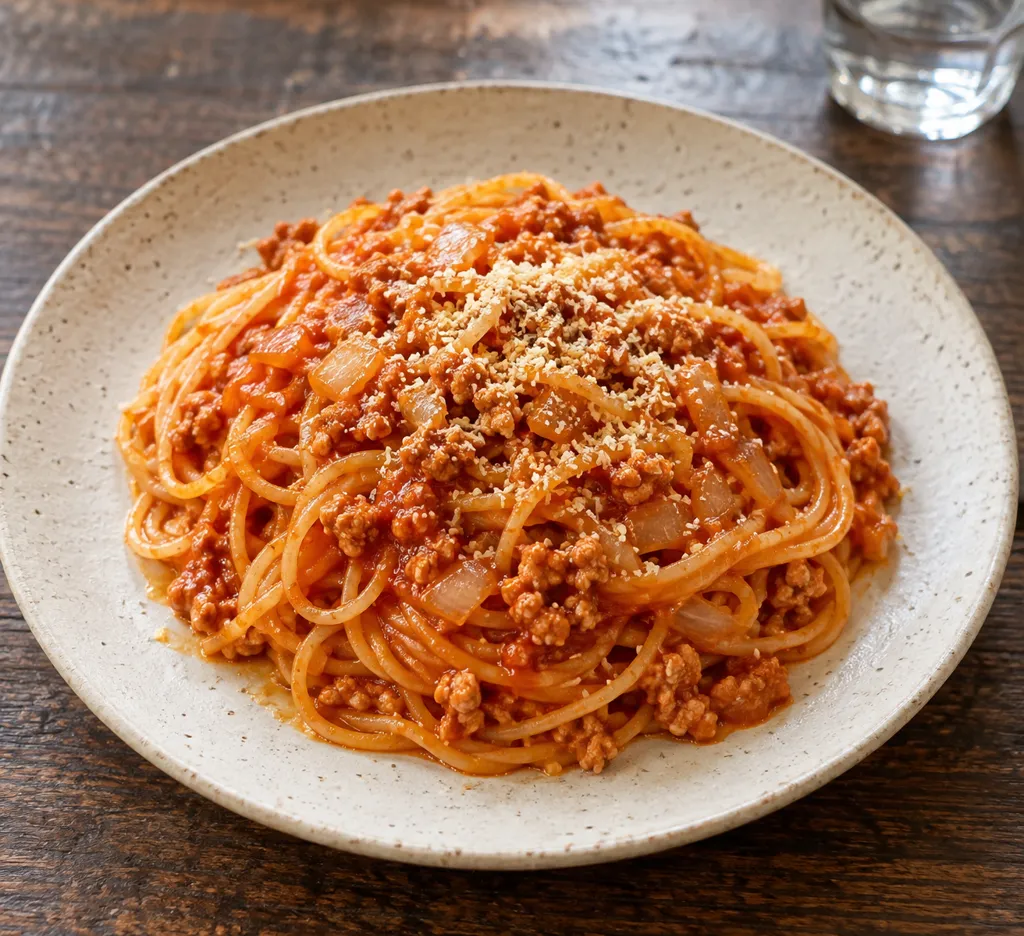 鶏ひき肉と玉ねぎのナポリタンの完成イメージ