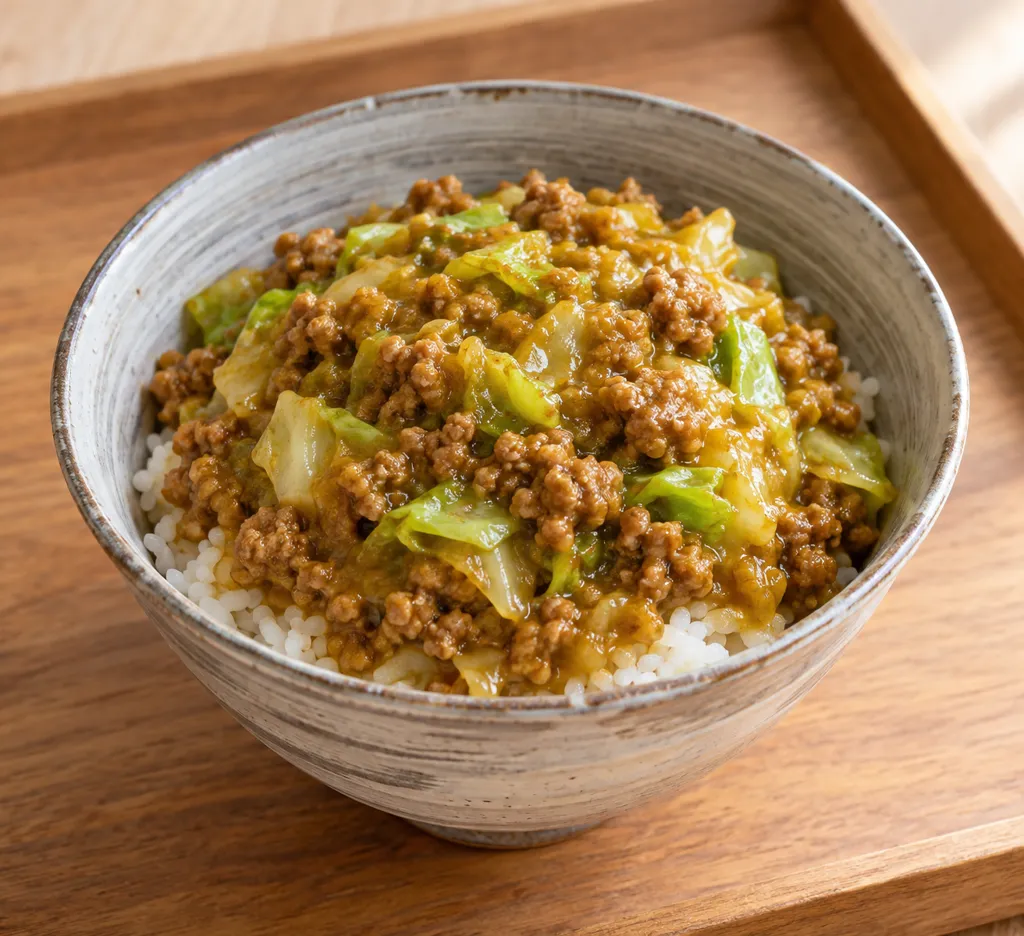 豚肉とキャベツの甘辛そぼろカレー丼の完成イメージ