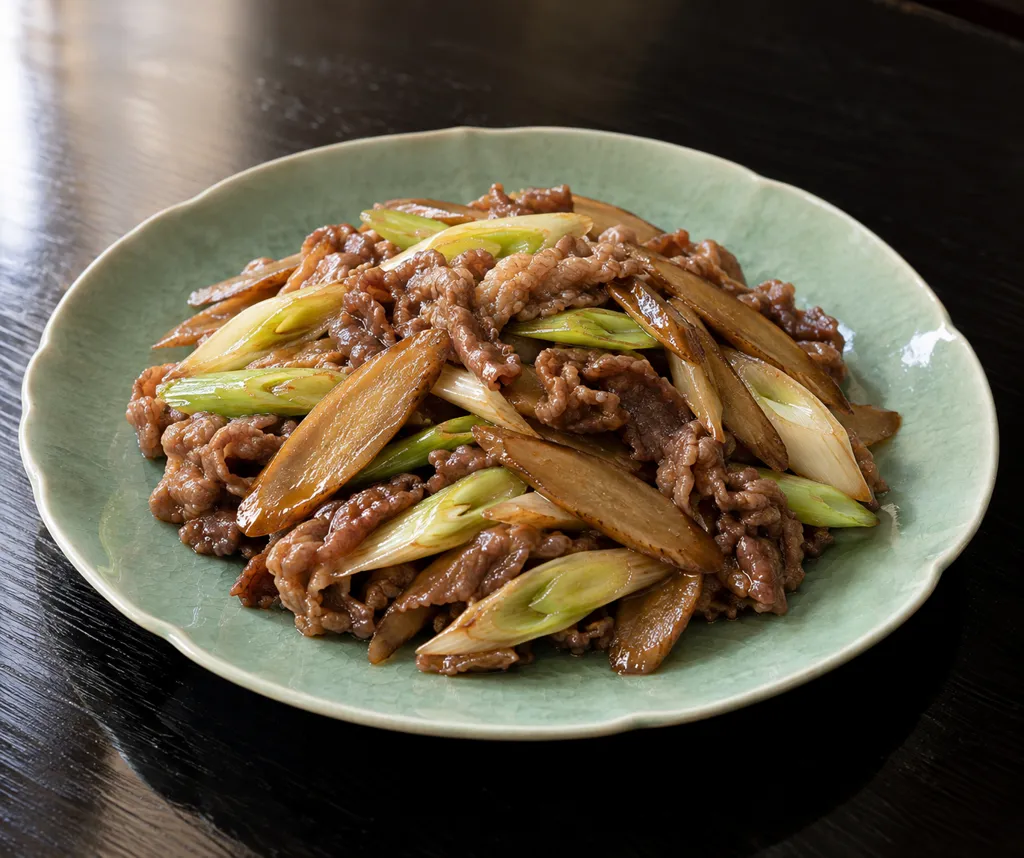 牛薄切り肉とごぼうのねぎ炒めの完成イメージ
