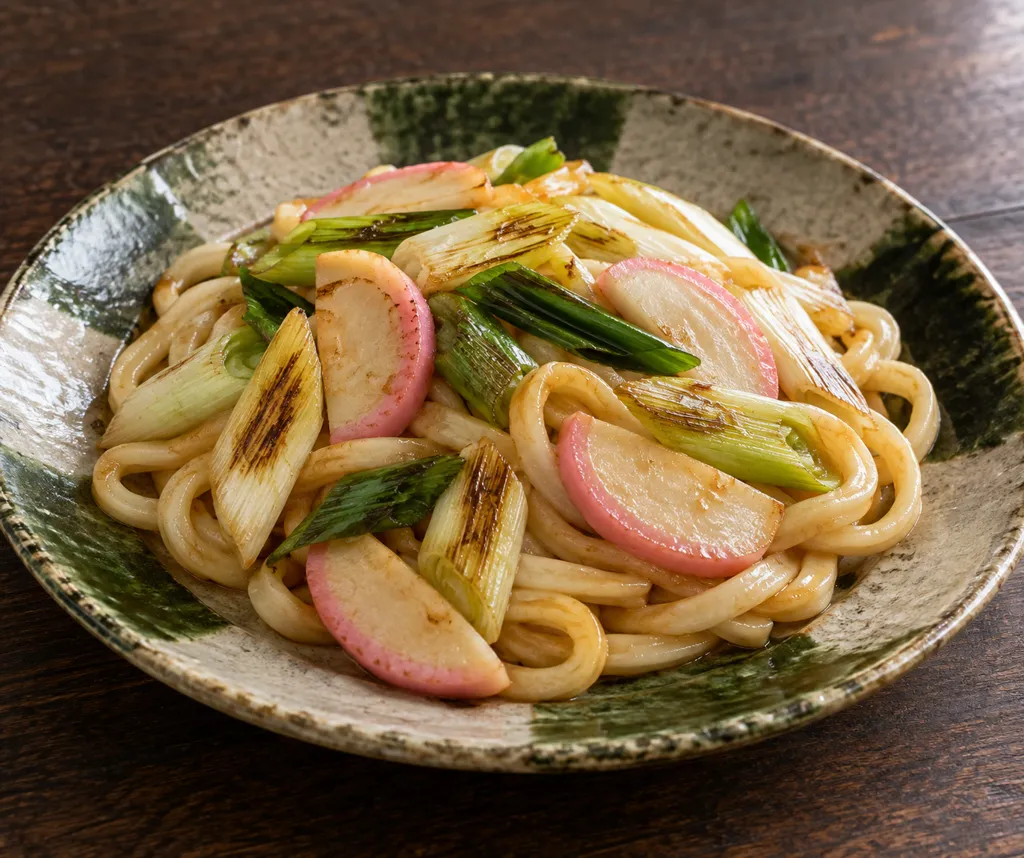 かまぼことねぎのだし醤油焼きうどんの完成イメージ