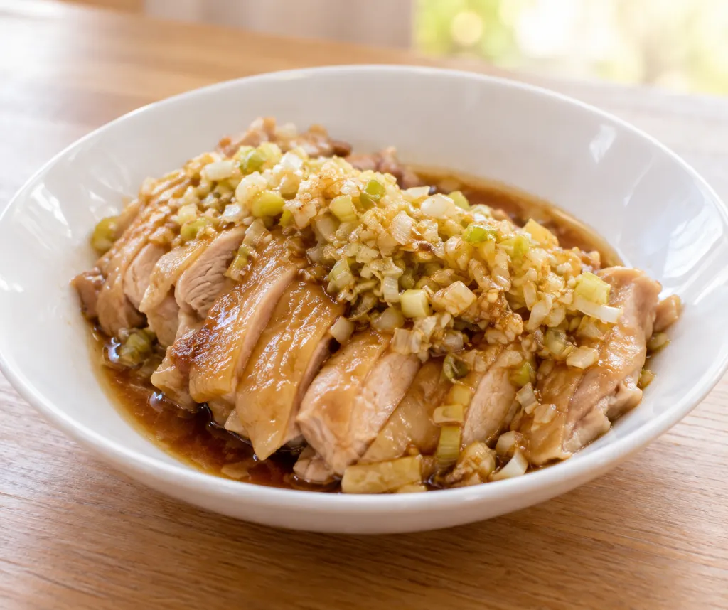 レンジ鶏もも肉とねぎの中華蒸し鶏の完成イメージ