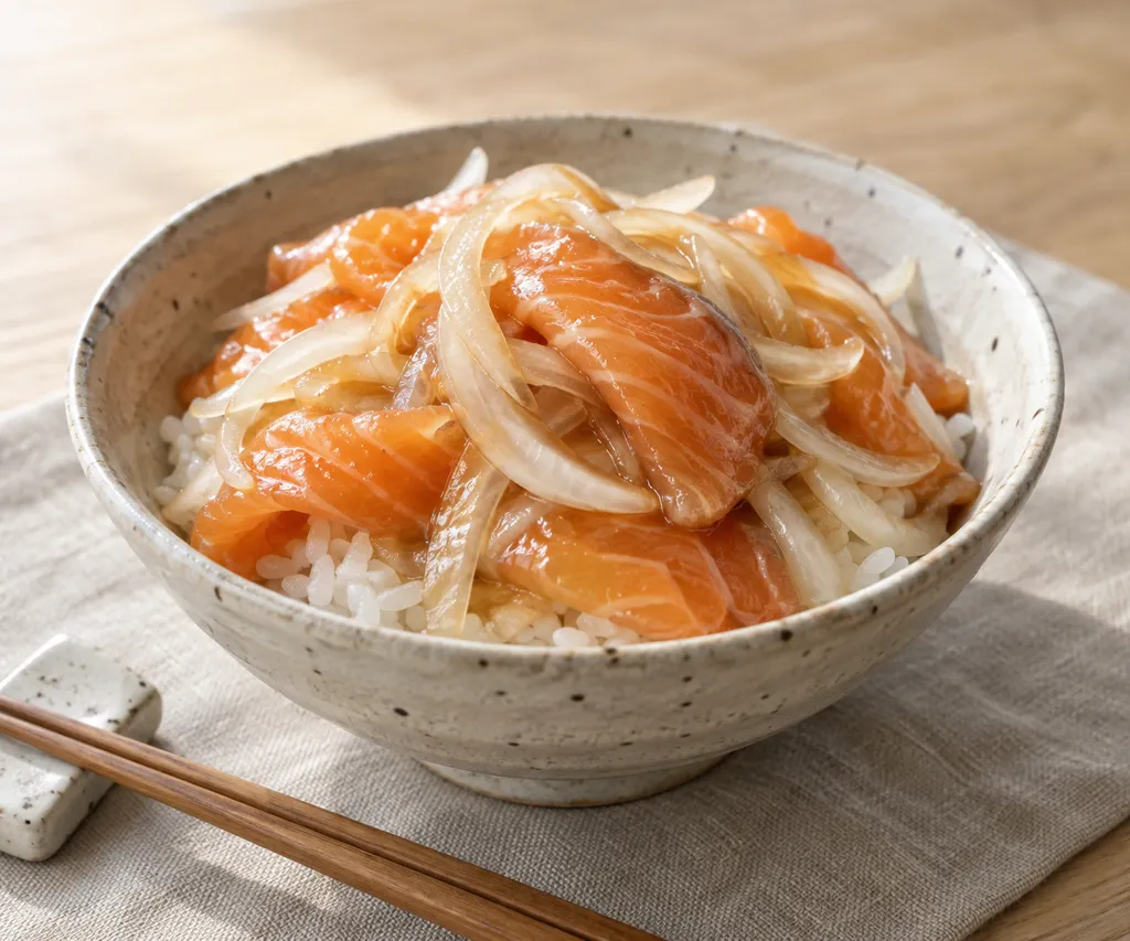 サーモンと玉ねぎの海鮮丼の完成イメージ