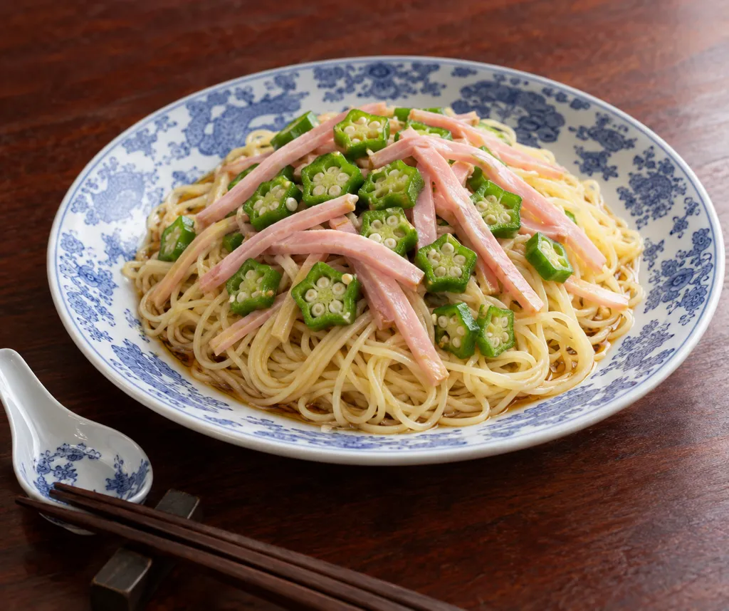ハムとオクラの冷やし中華の完成イメージ