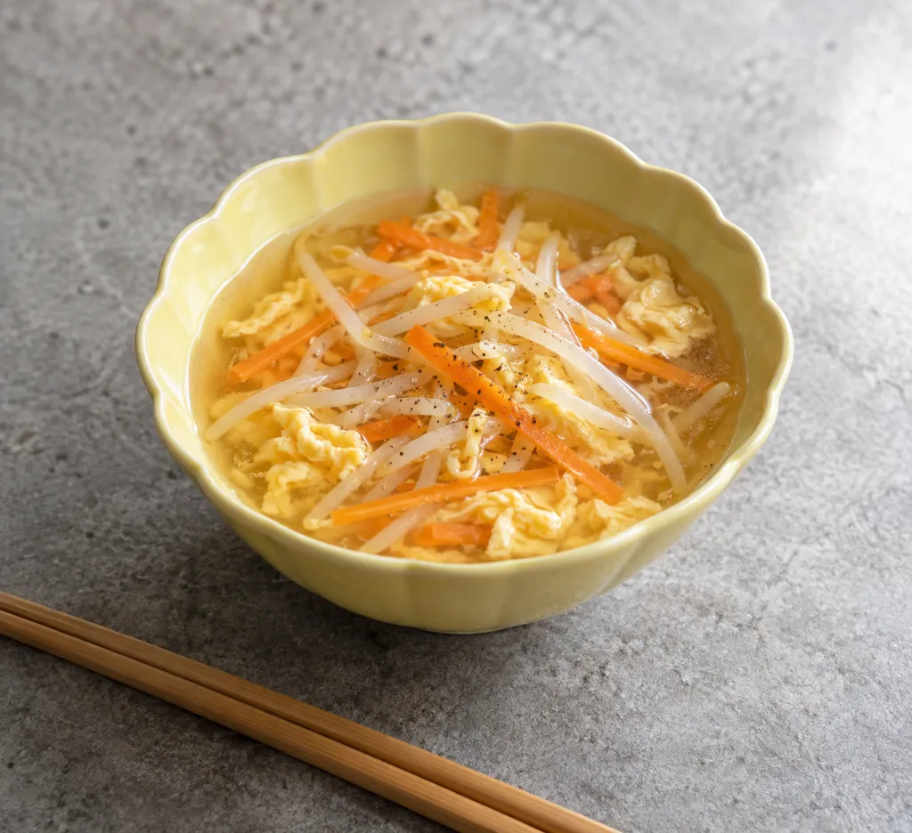 もやしとにんじんの卵入り中華汁の完成イメージ