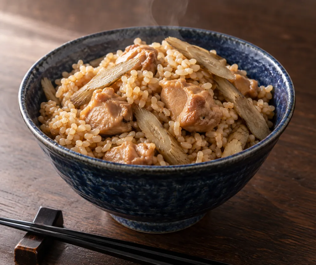 鶏もも肉とごぼうの玄米炊き込みごはんの完成イメージ