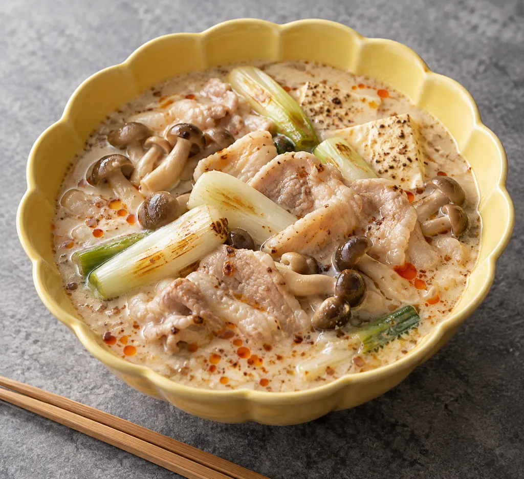 豚バラ肉と焼き豆腐の中華豆乳風鍋の完成イメージ
