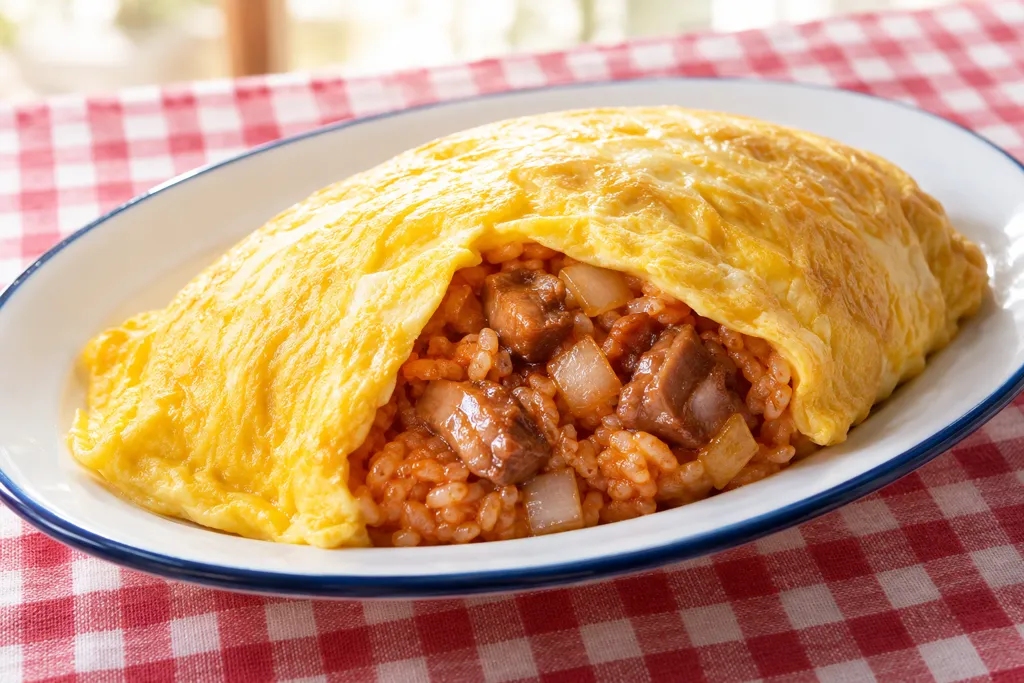 焼き鳥と玉ねぎのオムライスの完成イメージ