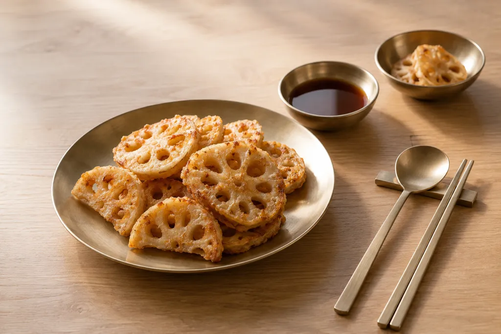 れんこんの韓国風野菜焼き 甘酢醤油添えの完成イメージ