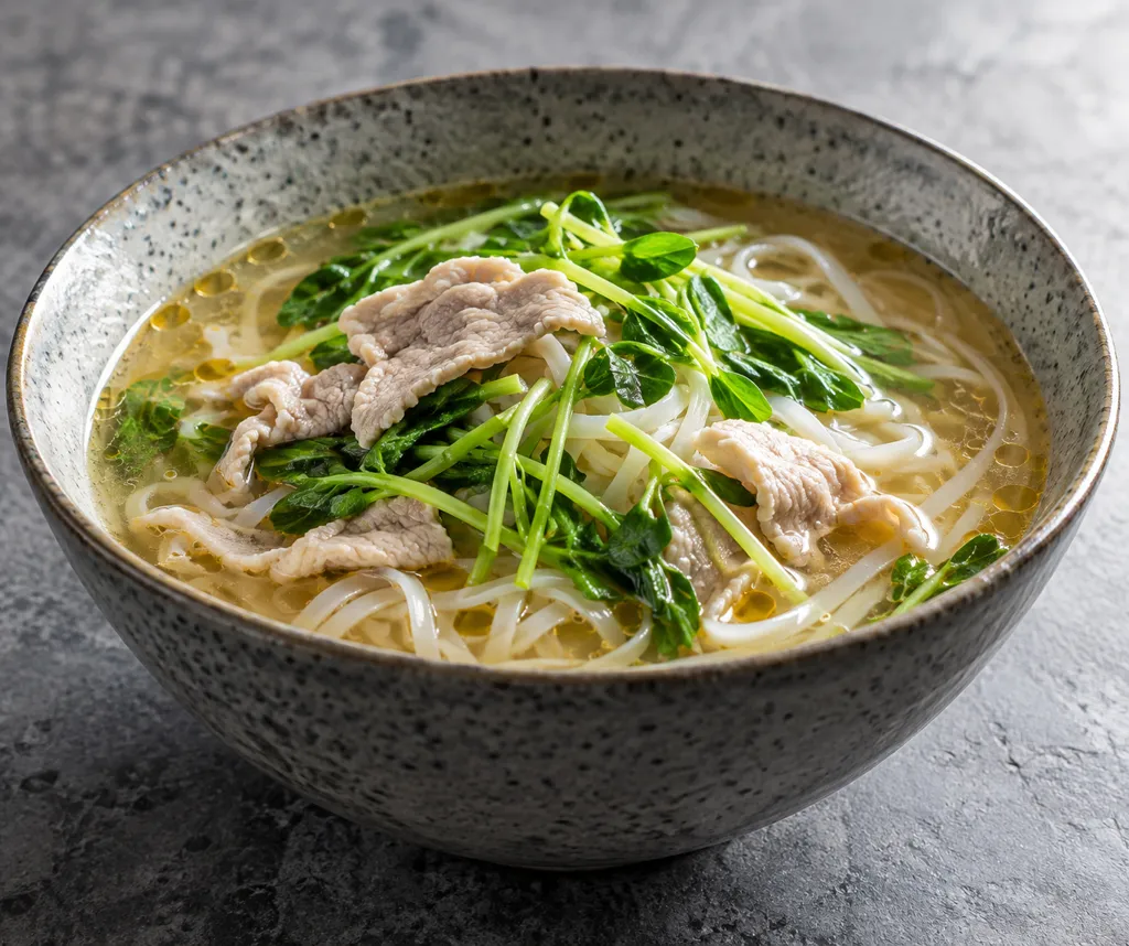 豚ロースと豆苗のごま油香るフォーの完成イメージ