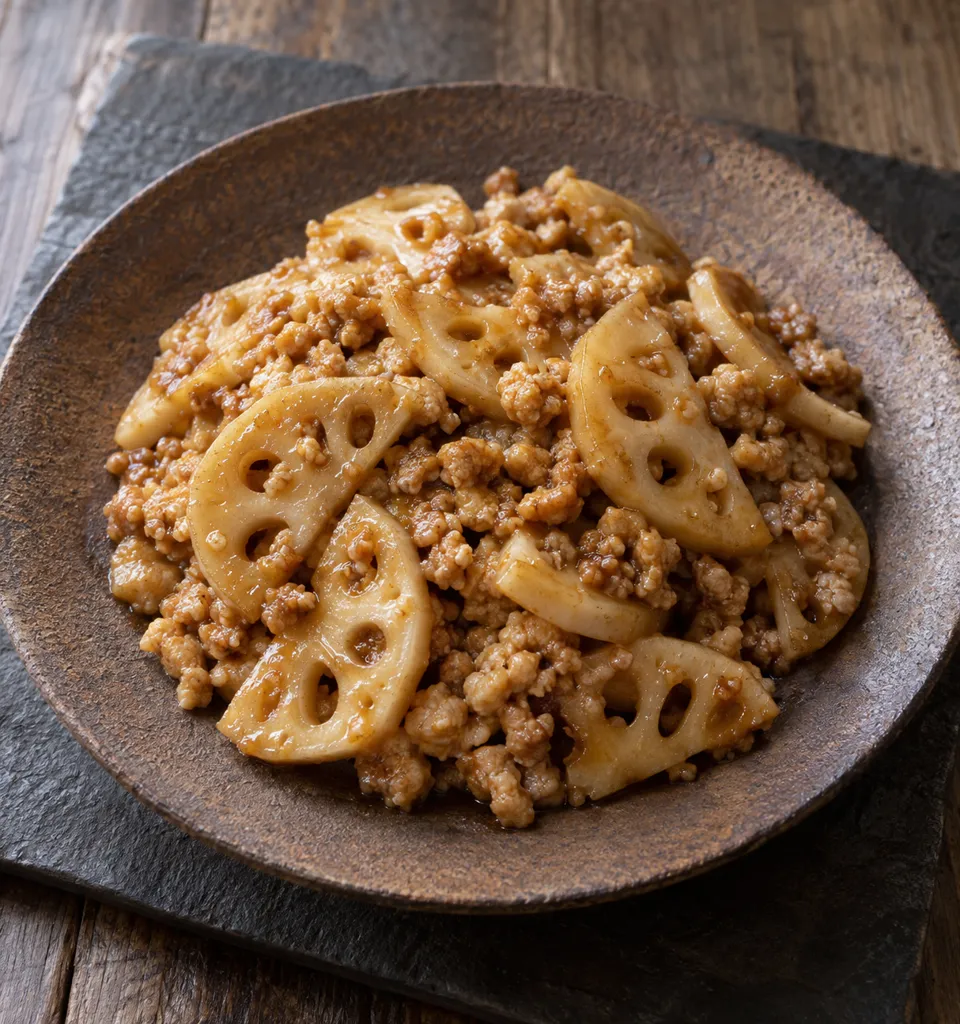 鶏ひき肉とれんこんのしょうが味噌炒めの完成イメージ