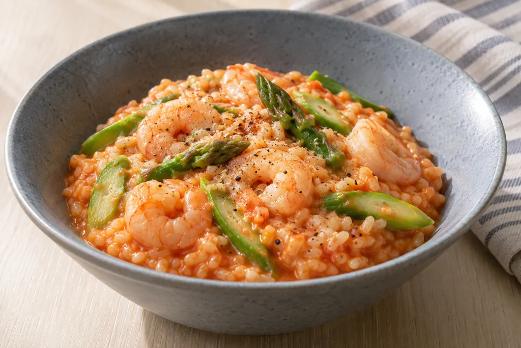 時短えびとアスパラガスのケチャップリゾットの完成イメージ