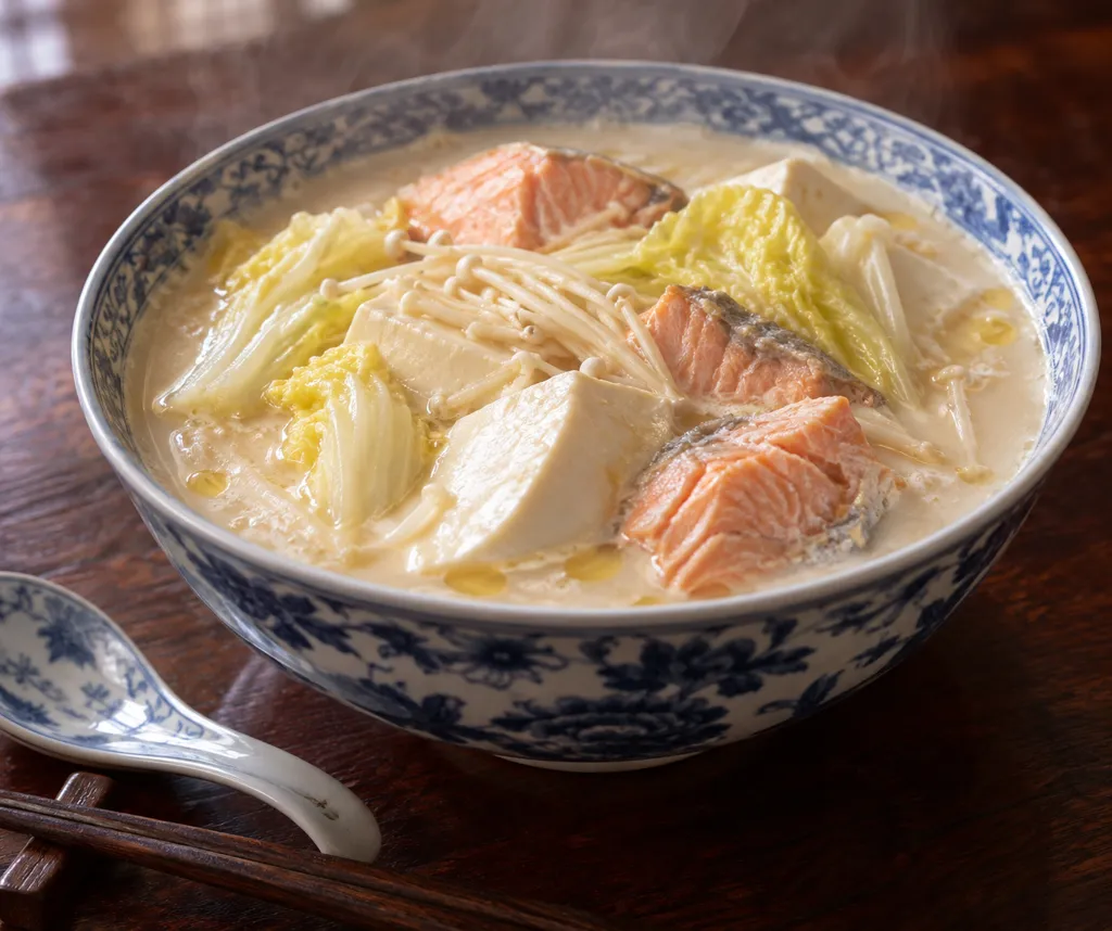 絹ごし豆腐と鮭の中華豆乳風鍋の完成イメージ