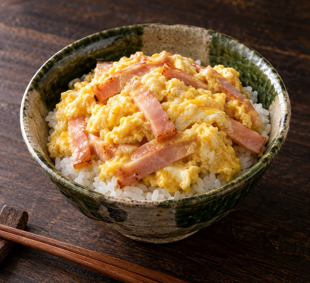 ハムと炒り卵のマヨ醤油丼の完成イメージ