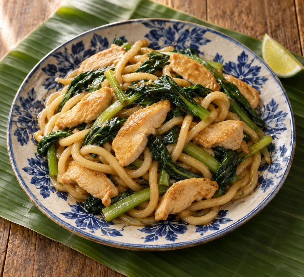 鶏むね肉と小松菜のエスニック焼きうどんの完成イメージ