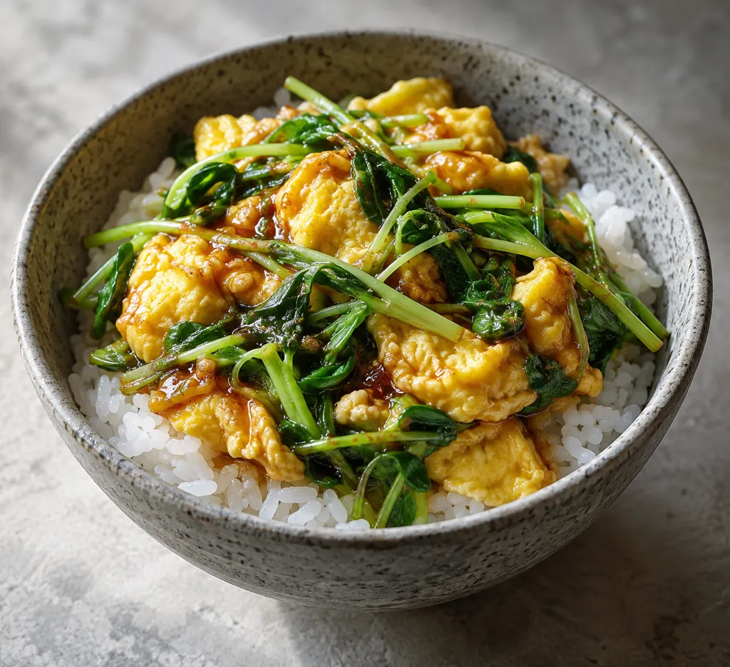 豆苗と卵の韓国卵丼の完成イメージ