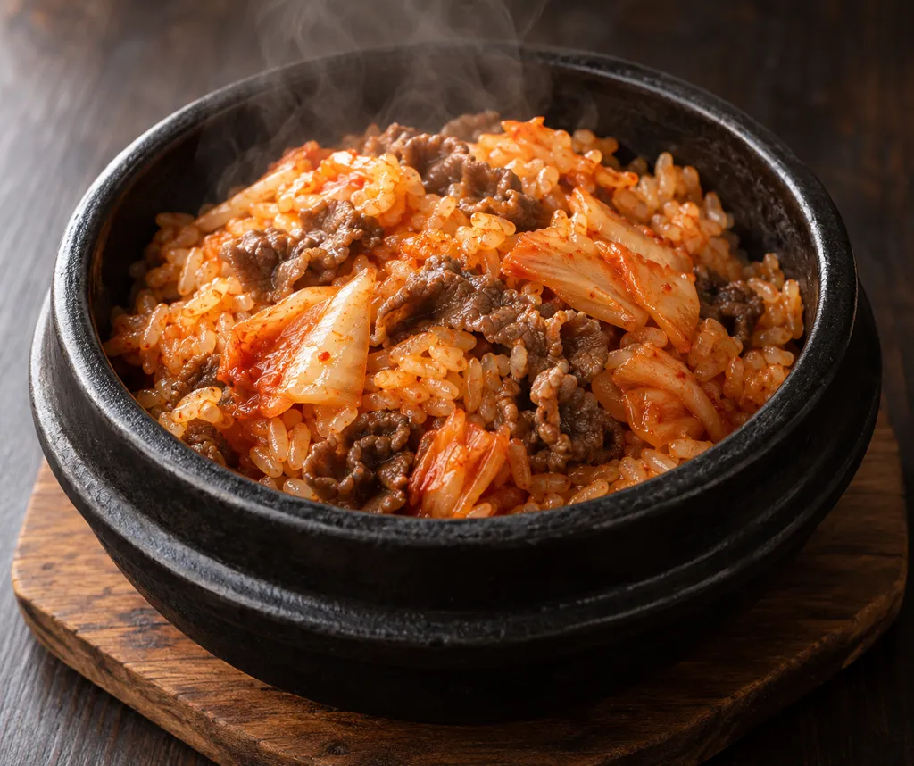 牛こま肉とキムチの甘辛炒めごはんの完成イメージ