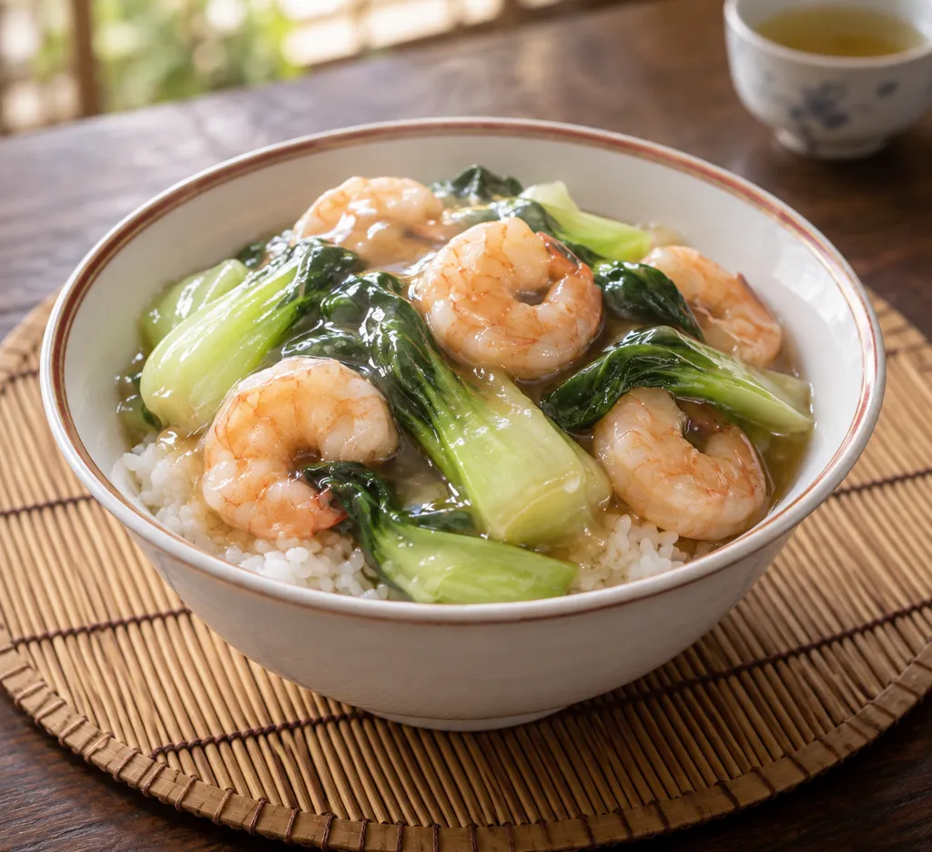 時短えびとチンゲン菜の中華丼の完成イメージ