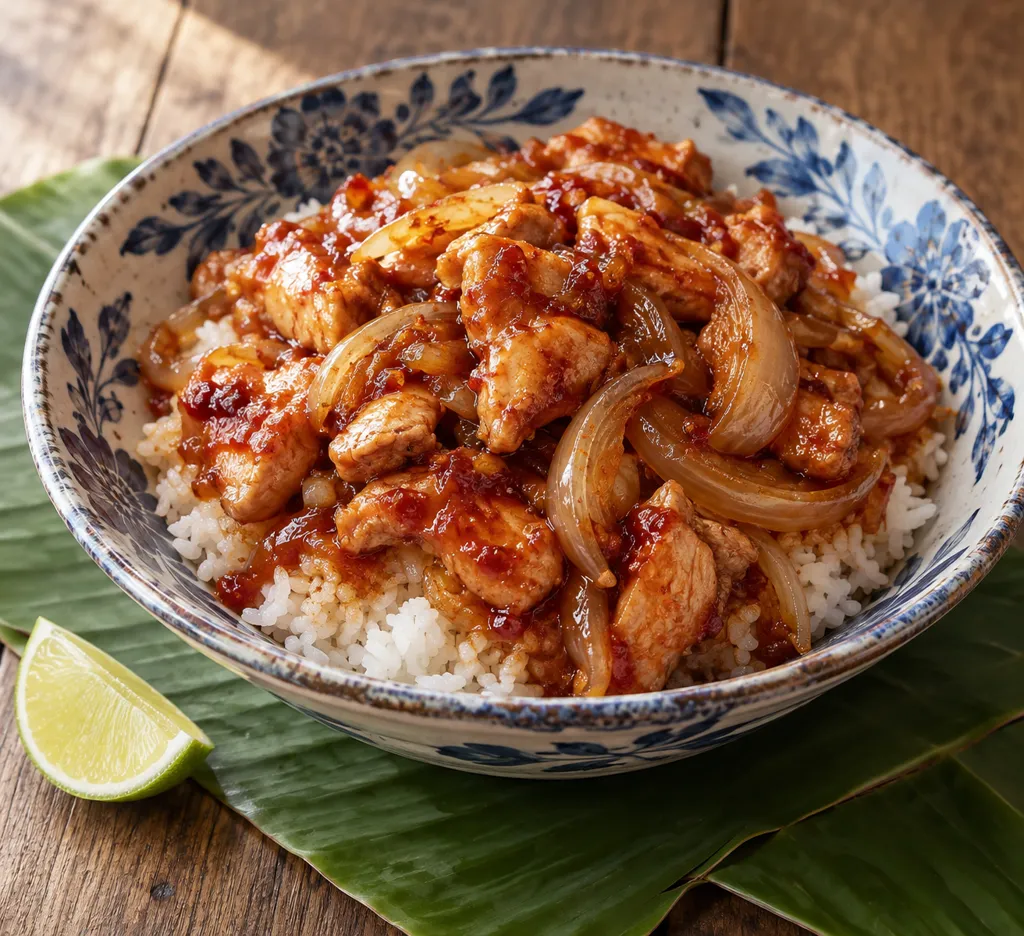 時短鶏もも肉と玉ねぎの韓国甘辛丼の完成イメージ
