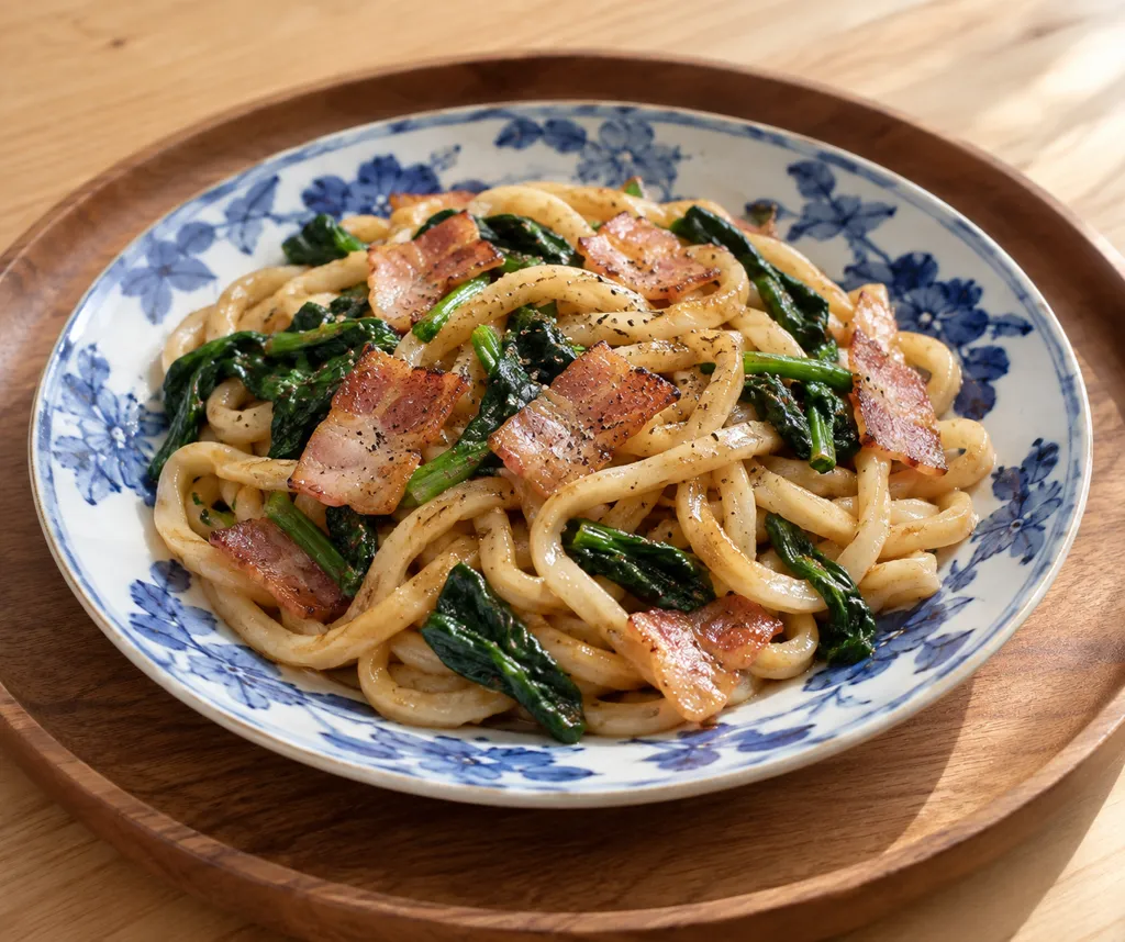 ベーコンとほうれん草の焼きうどんの完成イメージ