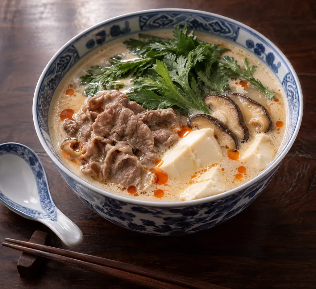 牛薄切り肉と春菊の中華豆乳風鍋の完成イメージ