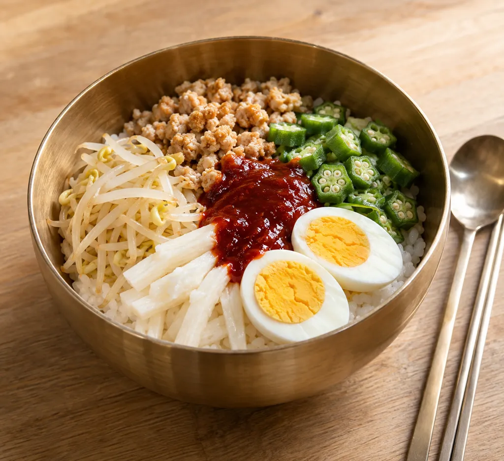 鶏ひき肉とオクラのビビンバの完成イメージ