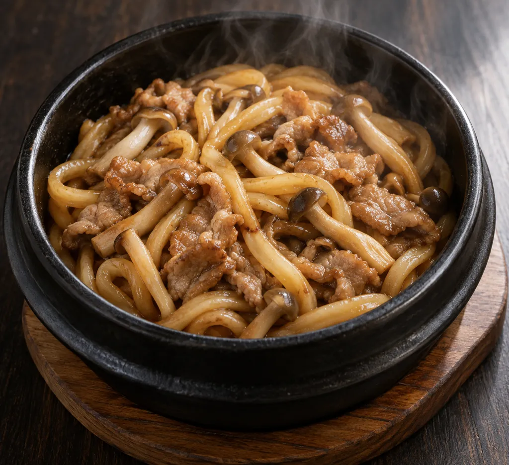 豚こま肉としめじのエスニック焼きうどんの完成イメージ