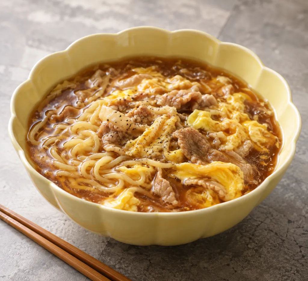 豚こま肉と卵の黒酢酸辣湯麺の完成イメージ