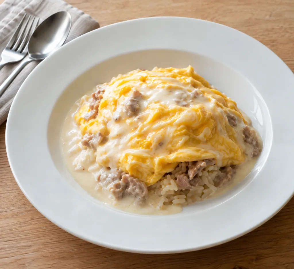 豚こま肉のクリームオムライスの完成イメージ
