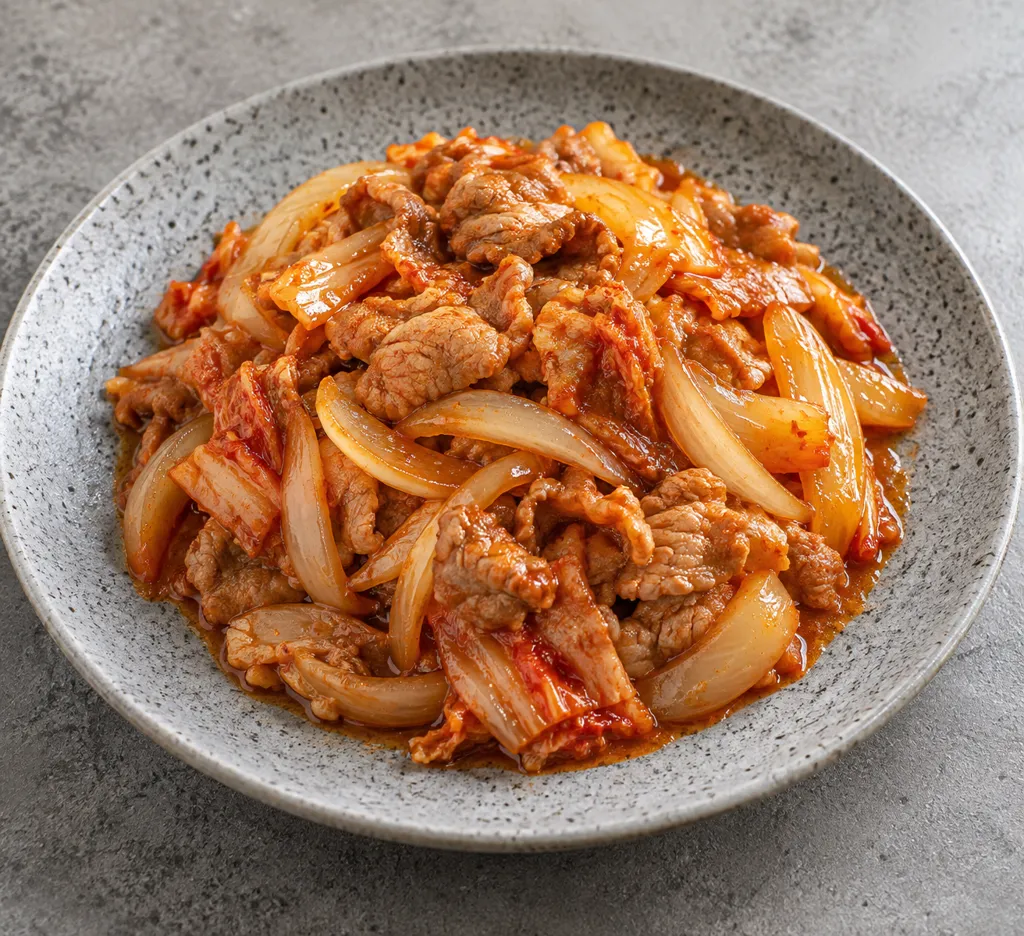 豚こま肉と玉ねぎのキムチ炒めの完成イメージ