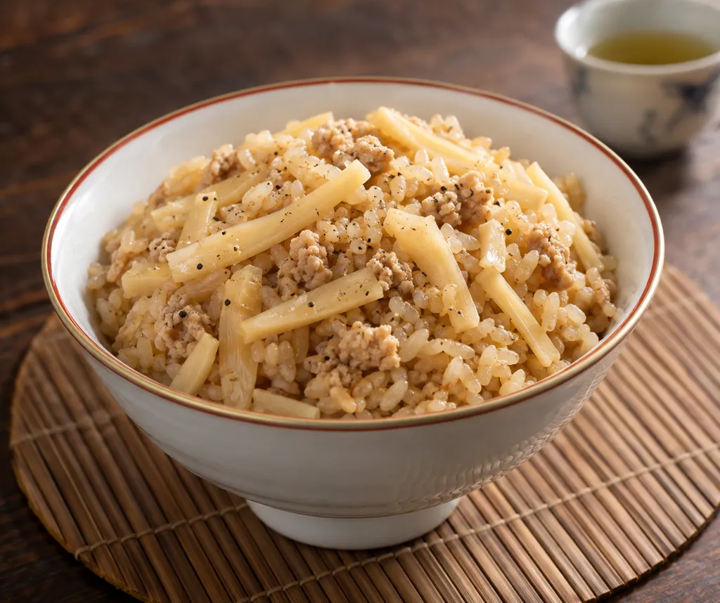 鶏ひき肉とたけのこの中華炊き込みご飯の完成イメージ