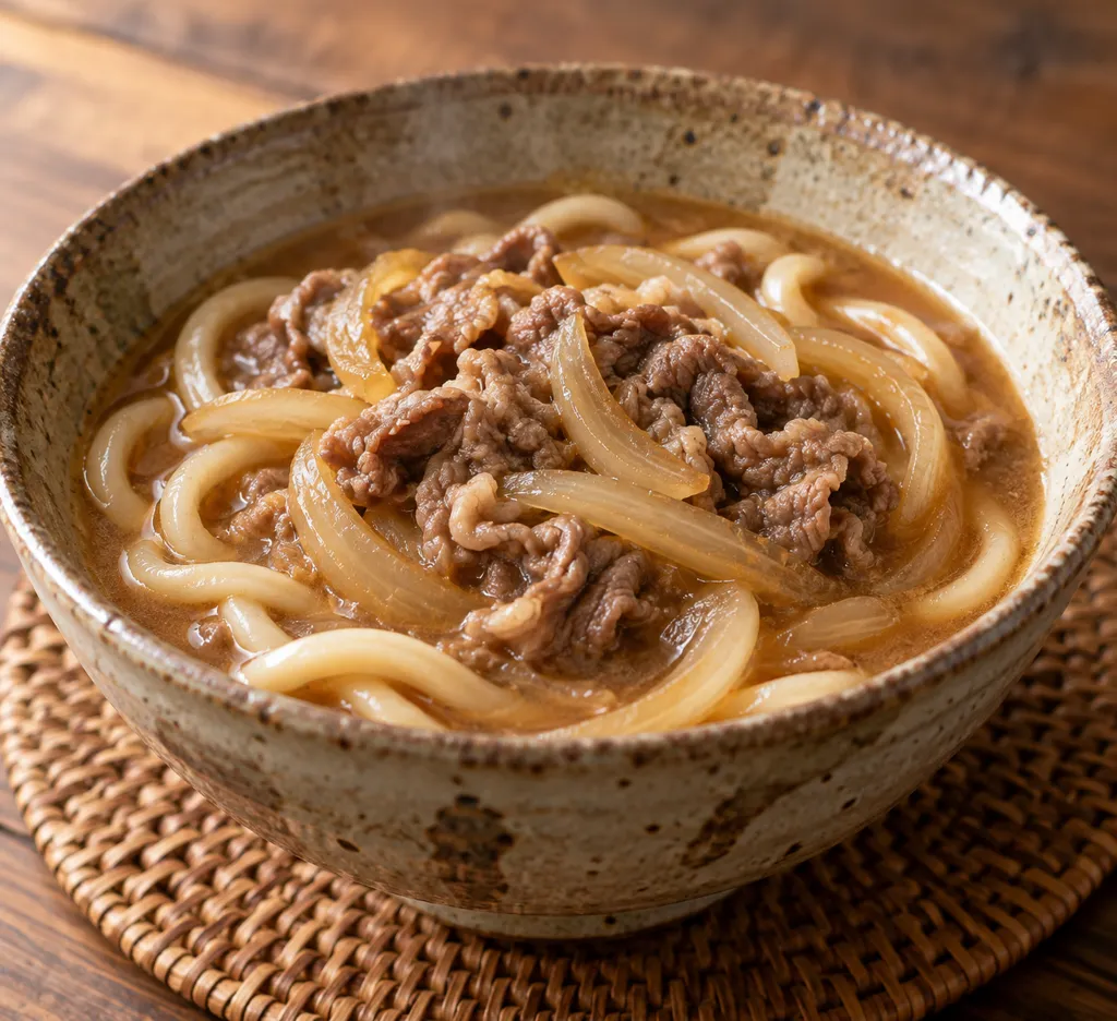 牛薄切り肉と玉ねぎの味噌煮込みうどんの完成イメージ