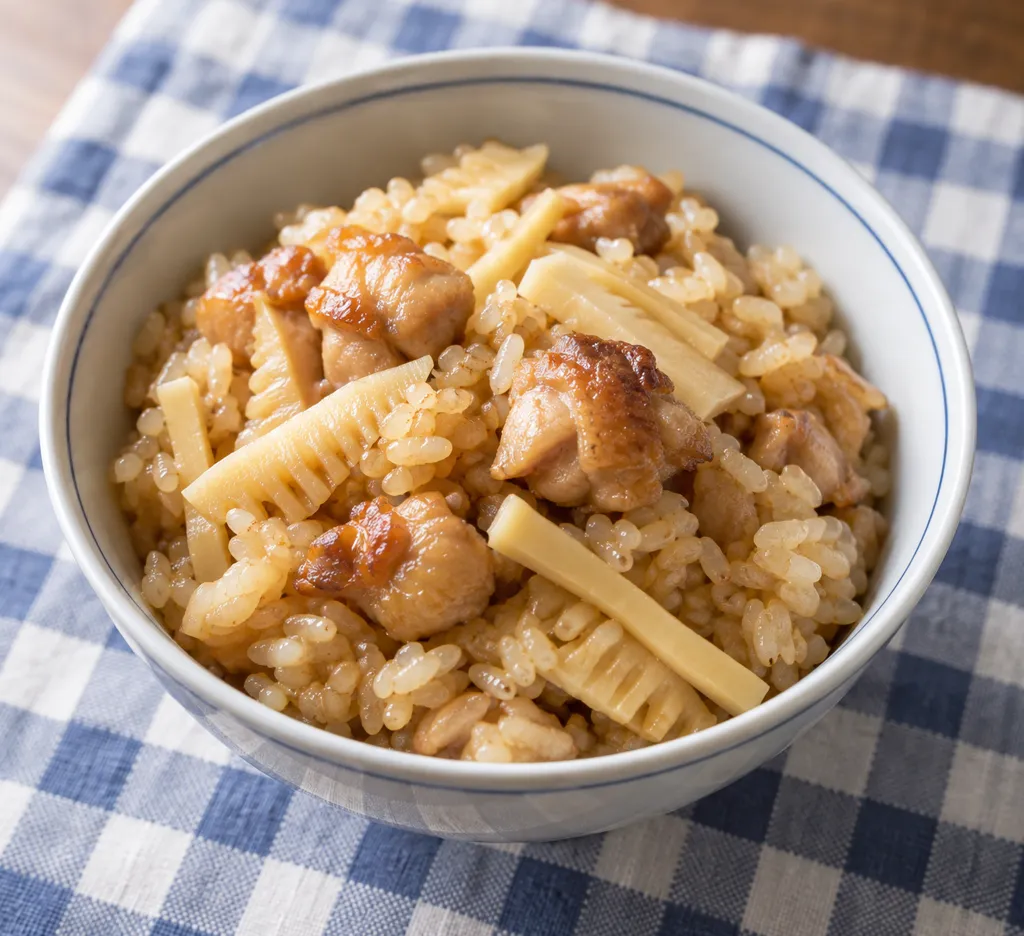 鶏もも肉とたけのこの混ぜごはんの完成イメージ