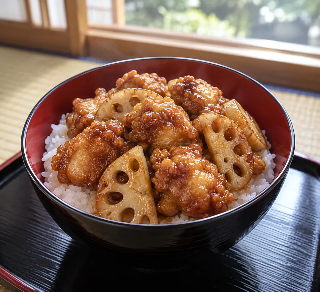 鶏もも肉とれんこんのから揚げ丼の完成イメージ
