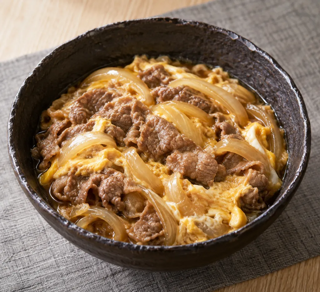 牛薄切り肉と玉ねぎの卵とじの完成イメージ