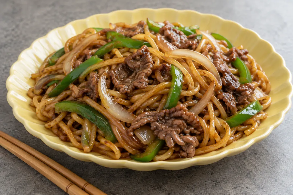 牛こま肉とピーマンの中華焼き麺の完成イメージ