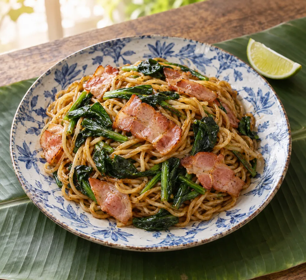 ベーコンとほうれん草の焼きそばの完成イメージ