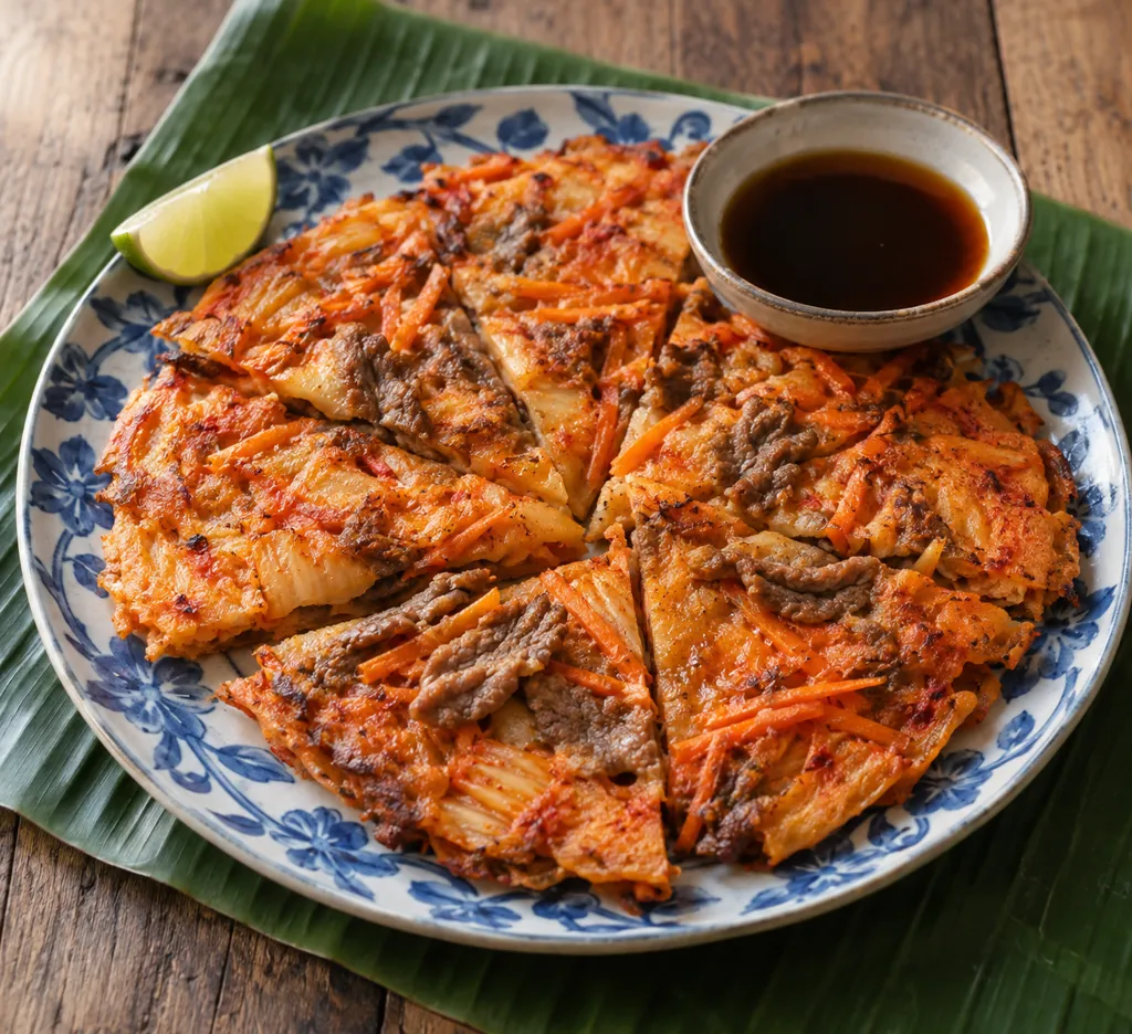 牛こま肉とにんじんのキムチチヂミの完成イメージ