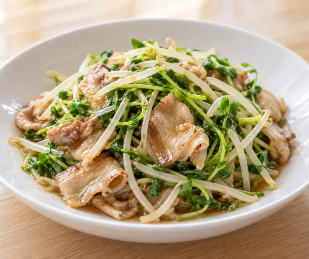 豚バラ肉と豆苗のもやし中華炒めの完成イメージ