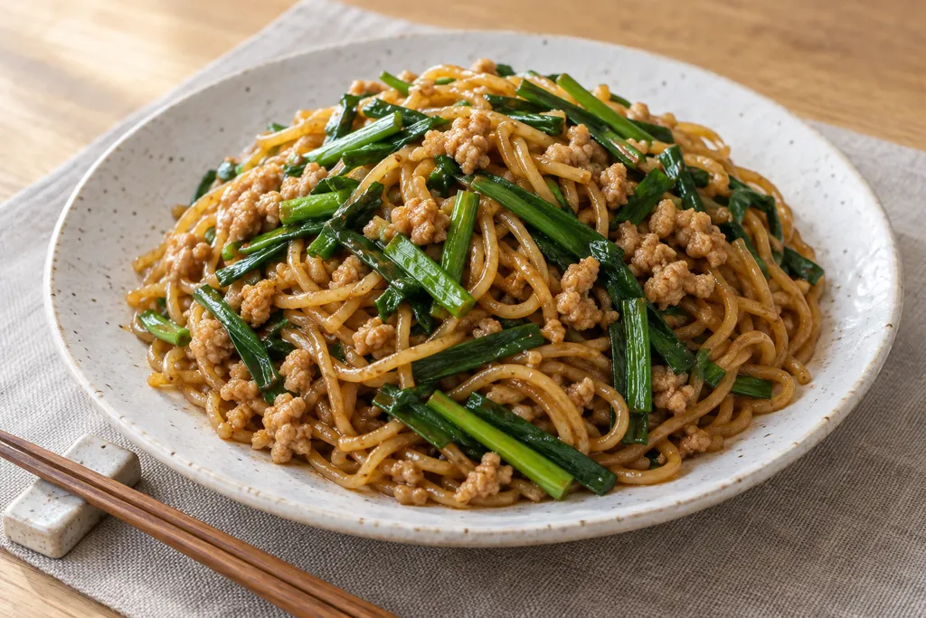 鶏ひき肉とニラの味噌ソース焼きそばの完成イメージ