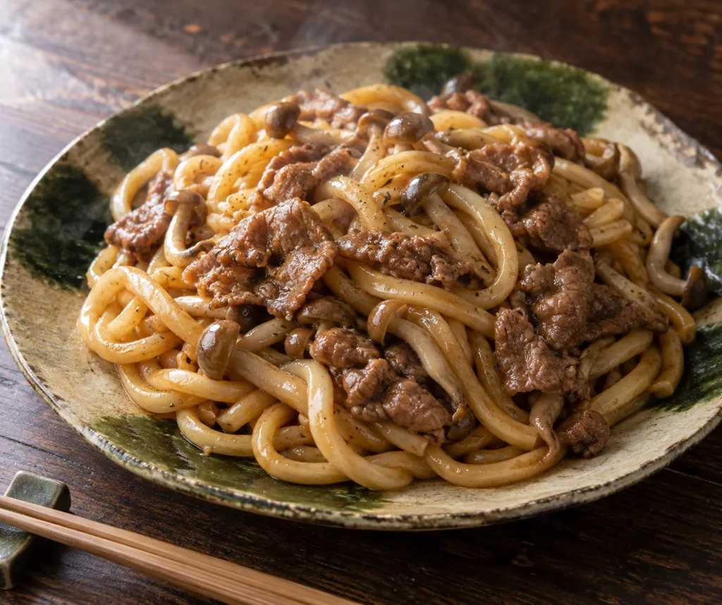 牛こま肉としめじの和風焼きうどんの完成イメージ
